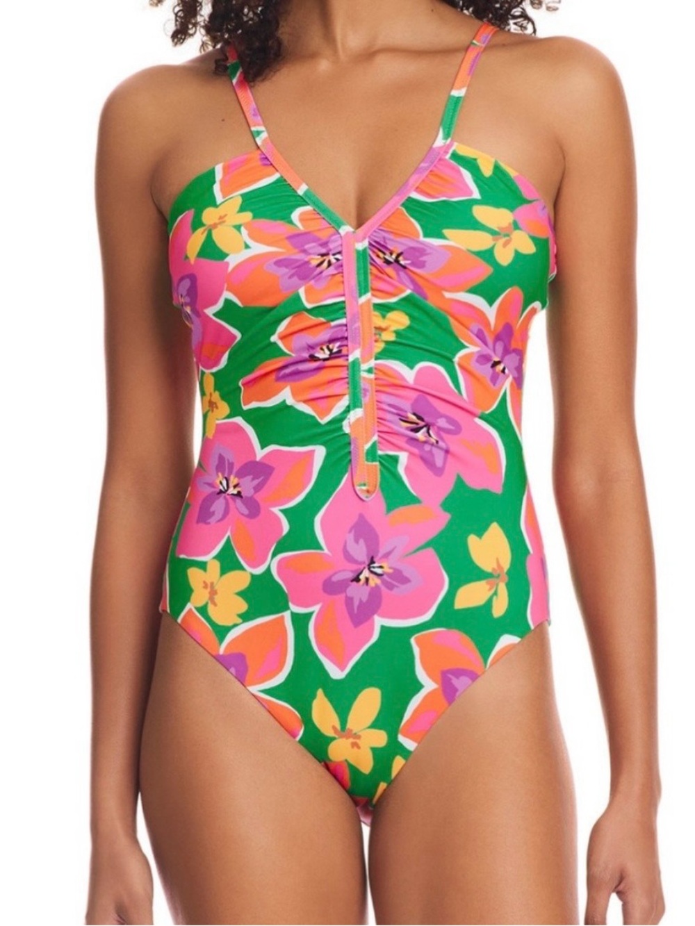 Sanctuary Swim Women's Swimsuit M One Piece Shirred
Front Floral Print Green NWT